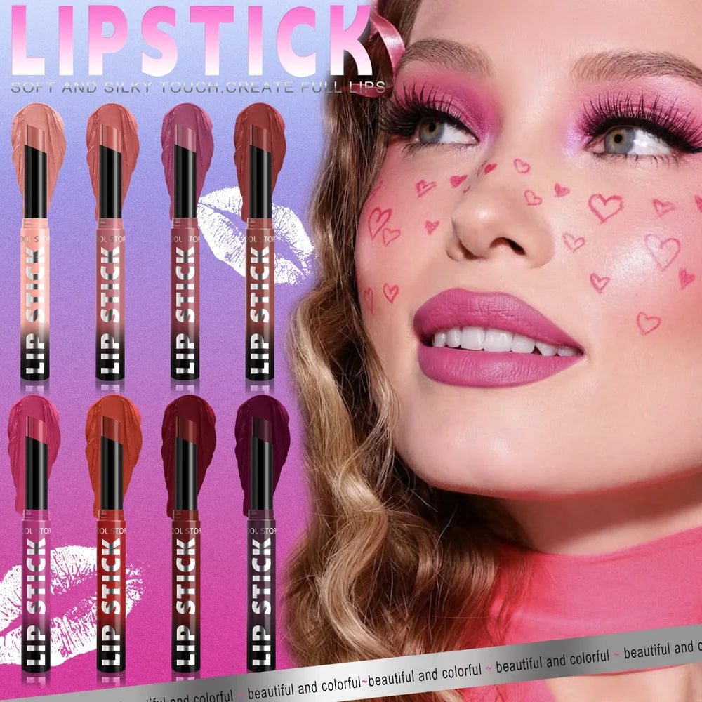 Dual-use lipstick and lip gloss stick showing eight shade options from nude to berry colours