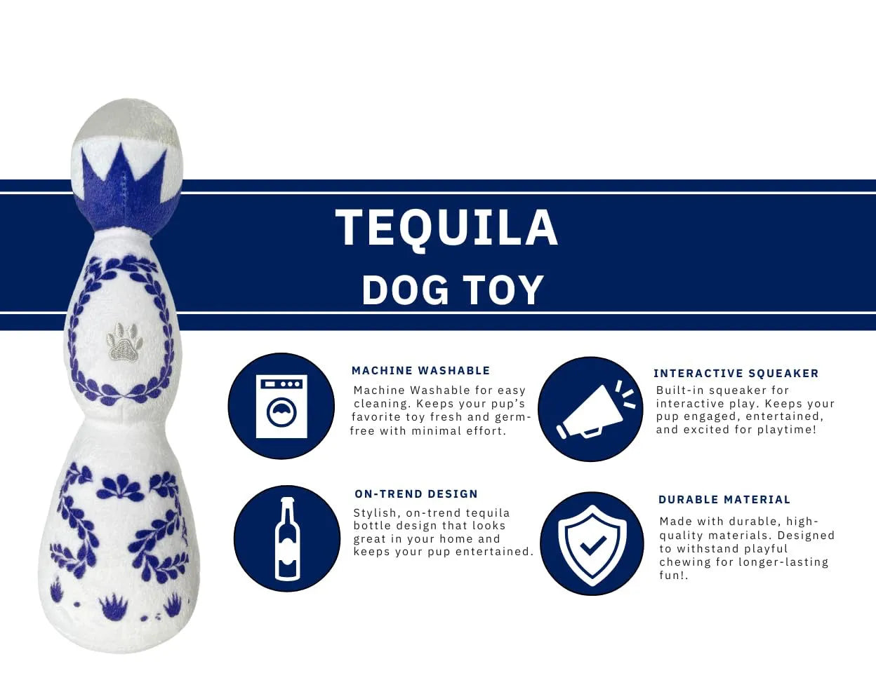 Red and white tequila bottle plush dog toy with squeaker, 26 cm tall