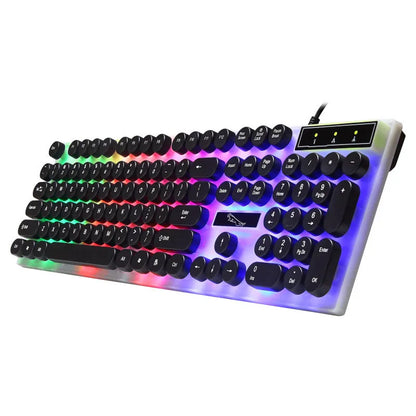 White waterproof gaming keyboard with RGB backlight and 104 keys on black desk