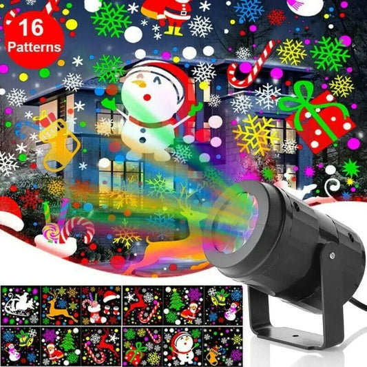 Dazzling LED snowflake projection light with various holiday-themed patterns for festive indoor and outdoor decoration
