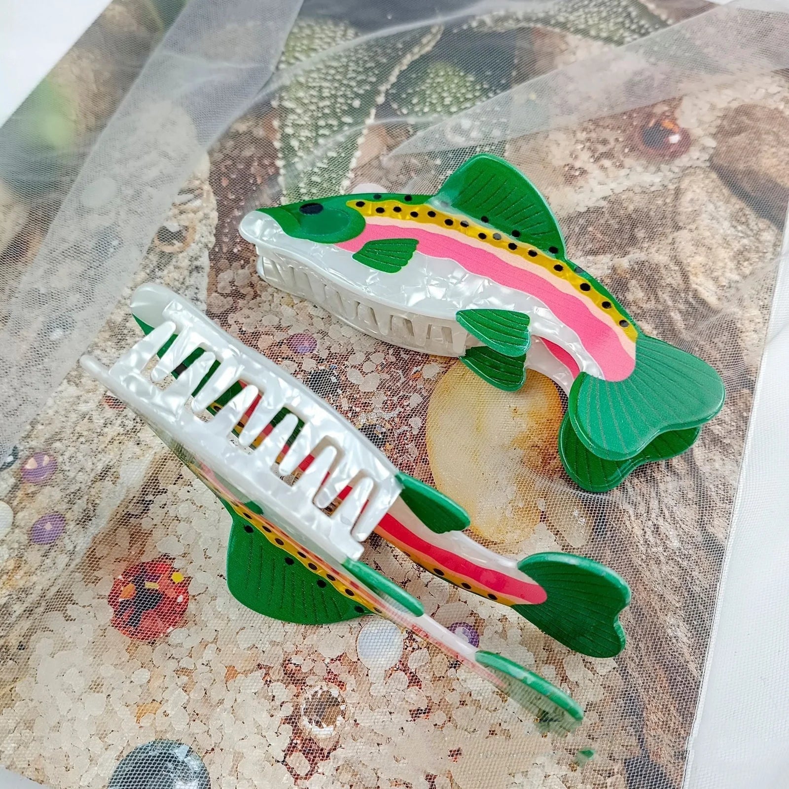 Dark green PVC hair clip with detailed carp design measuring 8cm in length