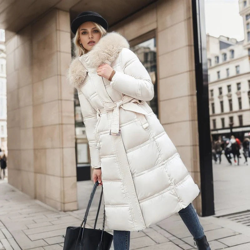 Women's stylish winter coat with fur hood and belt in various colors