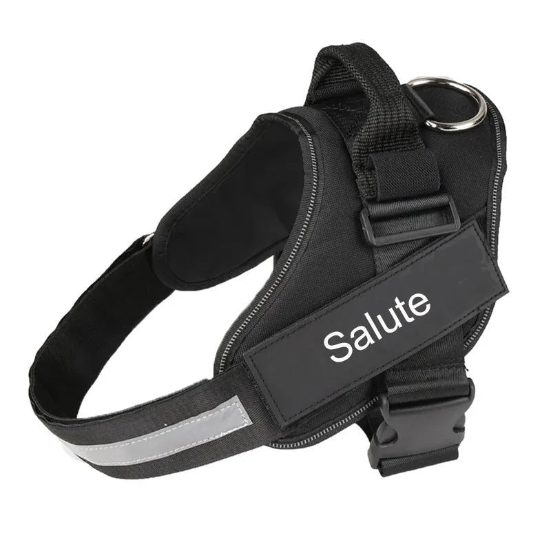 Adjustable reflective nylon dog harness vest with a sturdy handle and chest strap, shown on a size chart.