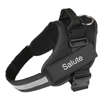 Adjustable reflective nylon dog harness vest with a sturdy handle and chest strap, shown on a size chart.