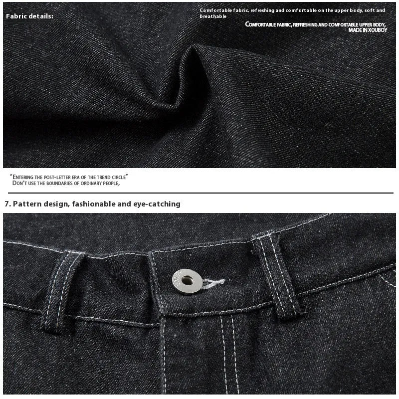 Black multi-pocket pleated workwear jeans with mid-waist fit and zip fly closure