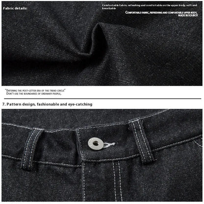 Black multi-pocket pleated workwear jeans with mid-waist fit and zip fly closure