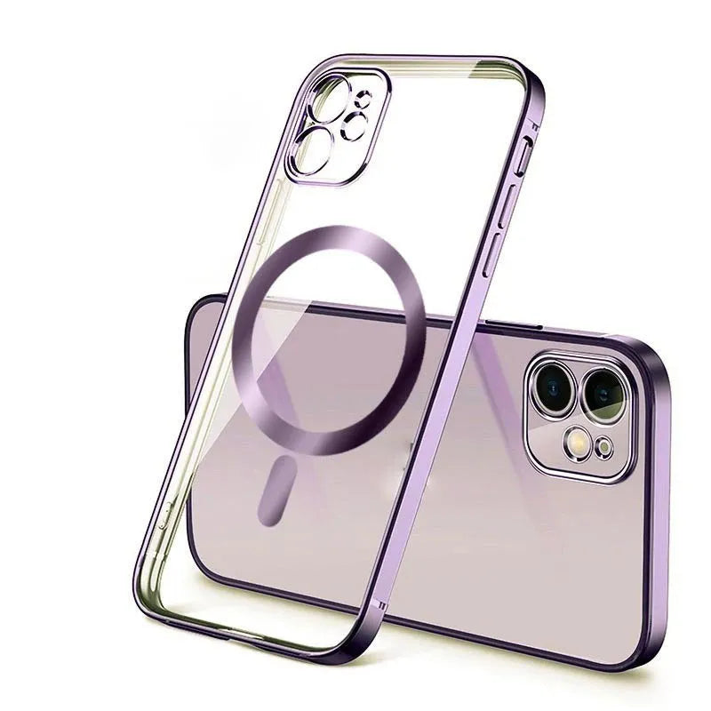 Electroplated magnetic suction back cover for iPhone case in multiple colours including black and blue.