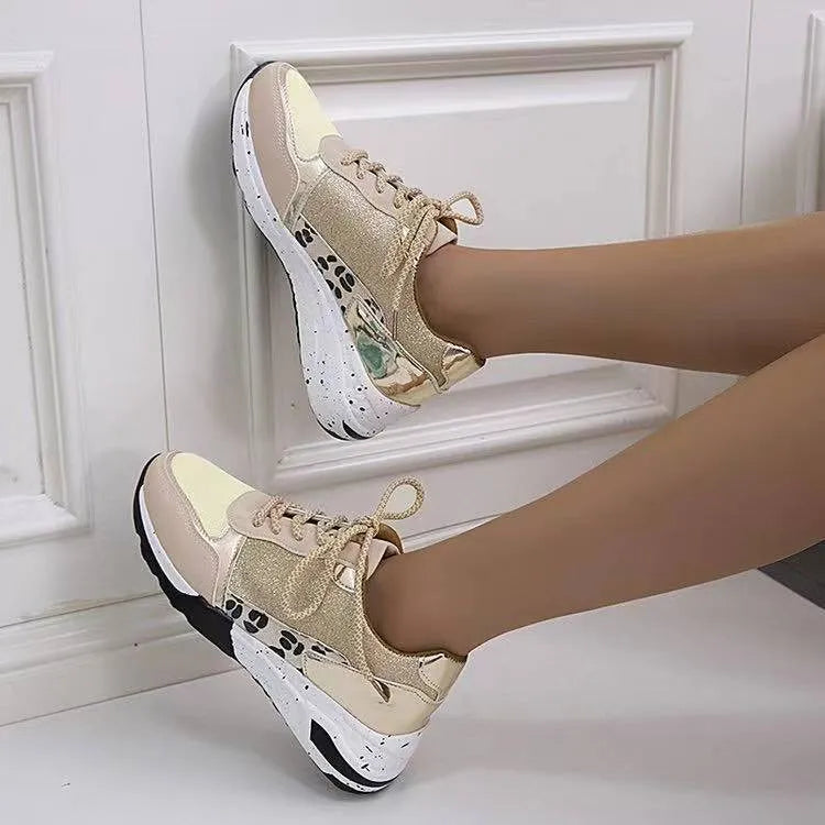 Women's lace-up wedge trainers in beige or grey with round toe, artificial PU upper and rubber sole, sizes 35-43