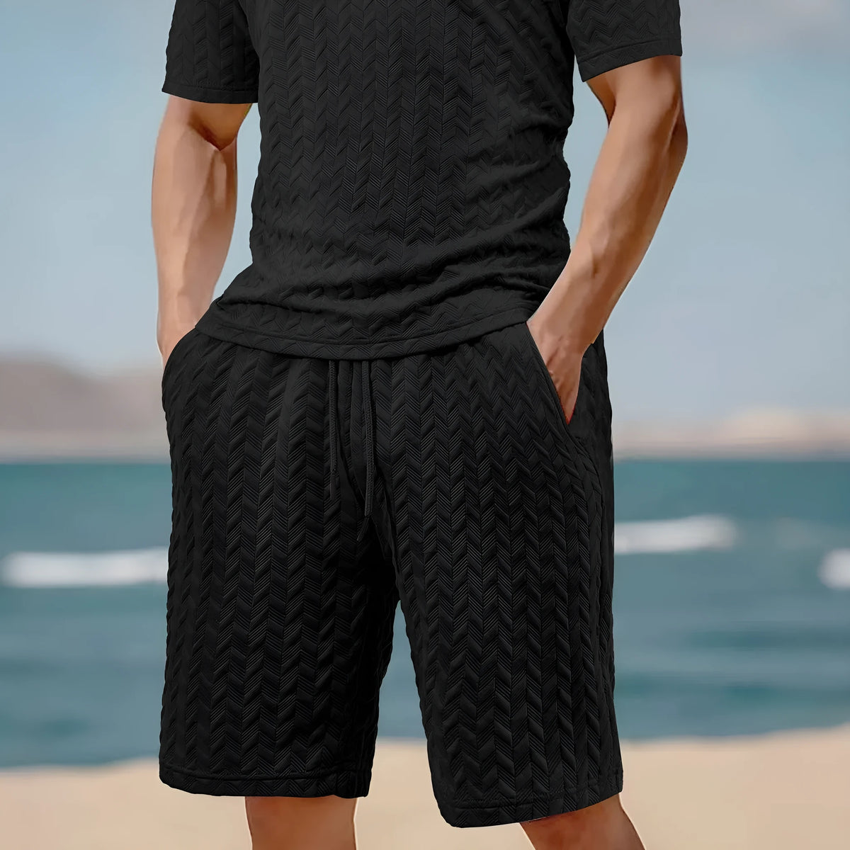 Men's loose jacquard drawstring casual beach pants in polyester, shorts length, available in seven colours and sizes S to 3XL