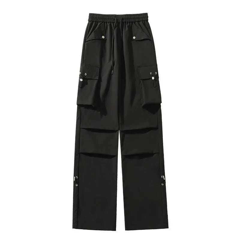 Plus size thin waterproof trousers in a loose straight-leg style on a hanger.