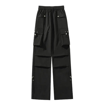 Plus size thin waterproof trousers in a loose straight-leg style on a hanger.