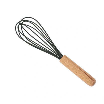 Dark grey silicone cooking utensils with wooden handles including spatula, spoon, whisk, and tongs