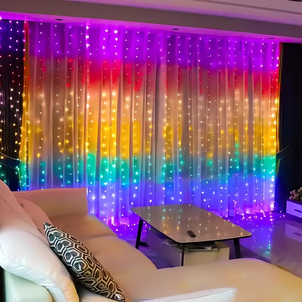 Programmable LED curtain light with Bluetooth app control showing 400 individually programmable lights
