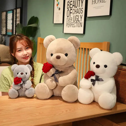 Rose bear plush stuffed animal pillow in beige, brown, or grey colours with soft short plush material