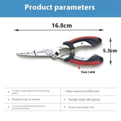 SS420 steel fishing pliers with ABS plastic handle in blue, green or red, shown with nylon bag and carrying strap