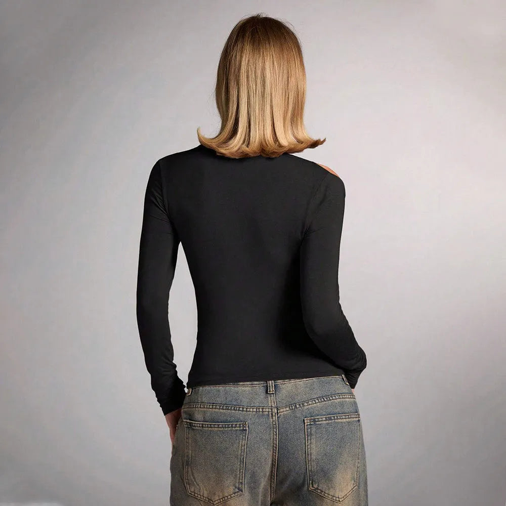 Black women's halter top with strapless design and long sleeves showing slim fit silhouette
