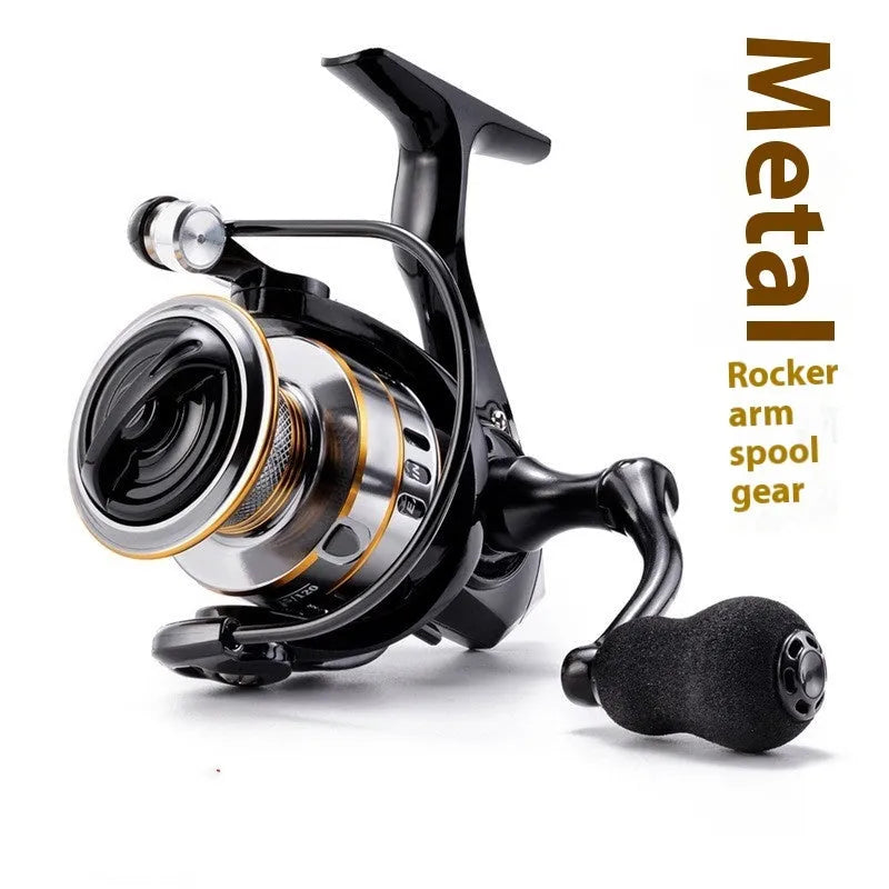 Spinning fishing reel with all-metal lure and no-gap design for long-distance casting, available in six sizes from RY1000 to RY6000 with EVA grip handle for freshwater and saltwater fishing applications.