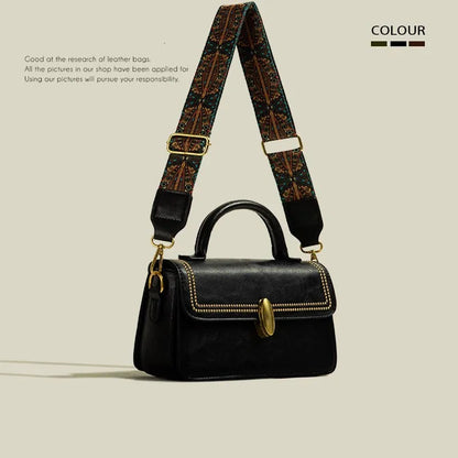 Brown retro-style PU leather women's messenger bag showing front view and organisational compartments.