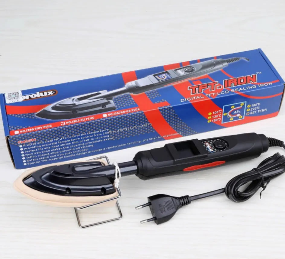 Electronic temperature control iron for styling wigs and hairpieces with metal barrel and PTFE soleplate.