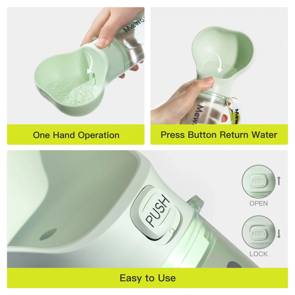 Mewoofun 2-in-1 pet water bottle and feeder bowl in white, green, yellow, and pink