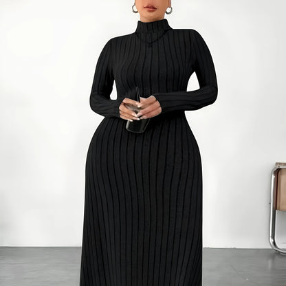 Plus size women's turtleneck long sleeve dress in black, army green, or milky white with stripe pattern, casual autumn winter long skirt.