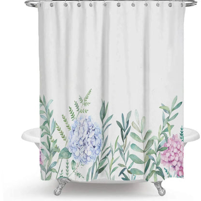 Floral plant shower curtain with Nordic green leaf pattern and colourful flowers in polyester fabric
