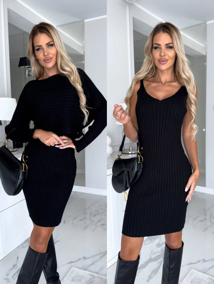 Stylish 2-piece outfit featuring a long-sleeve striped top and suspender skirt in various colors