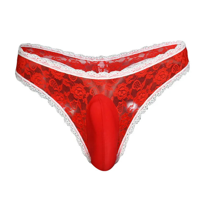 Men's lace triangle underwear with vertical pouch design in red colour on a mannequin.