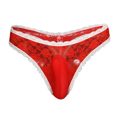 Men's lace triangle underwear with vertical pouch design in red colour on a mannequin.