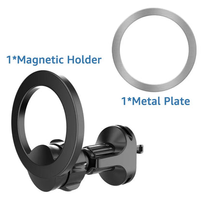 Black magnetic car phone holder with O-ring clip attached to a car air vent, holding a mobile phone securely.