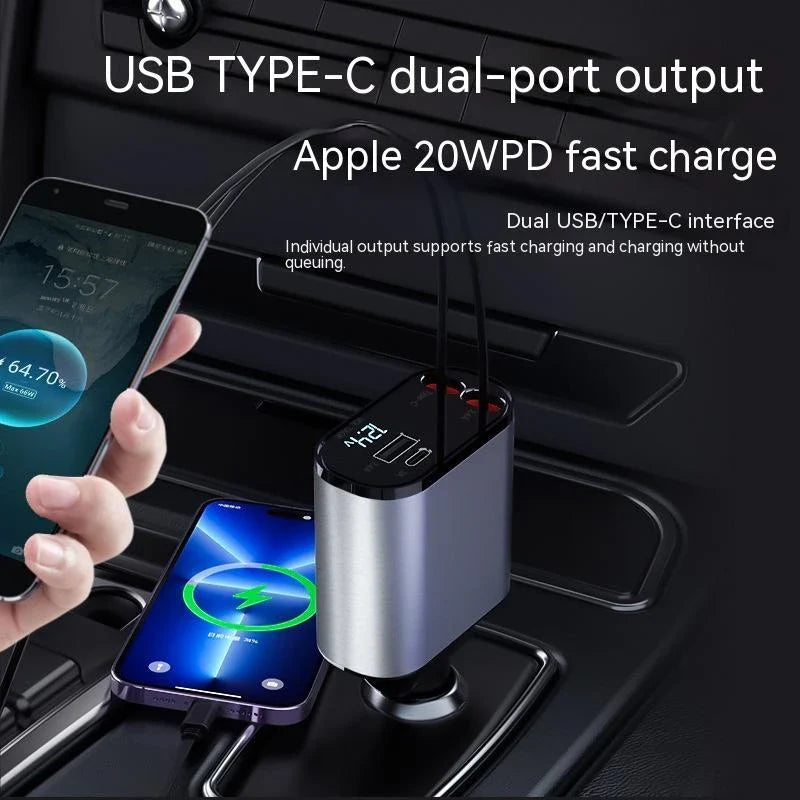 High-Speed 100W Car Charger with USB and Type-C Ports - Premium Metal Design, Fast Charging, Retractable Cable