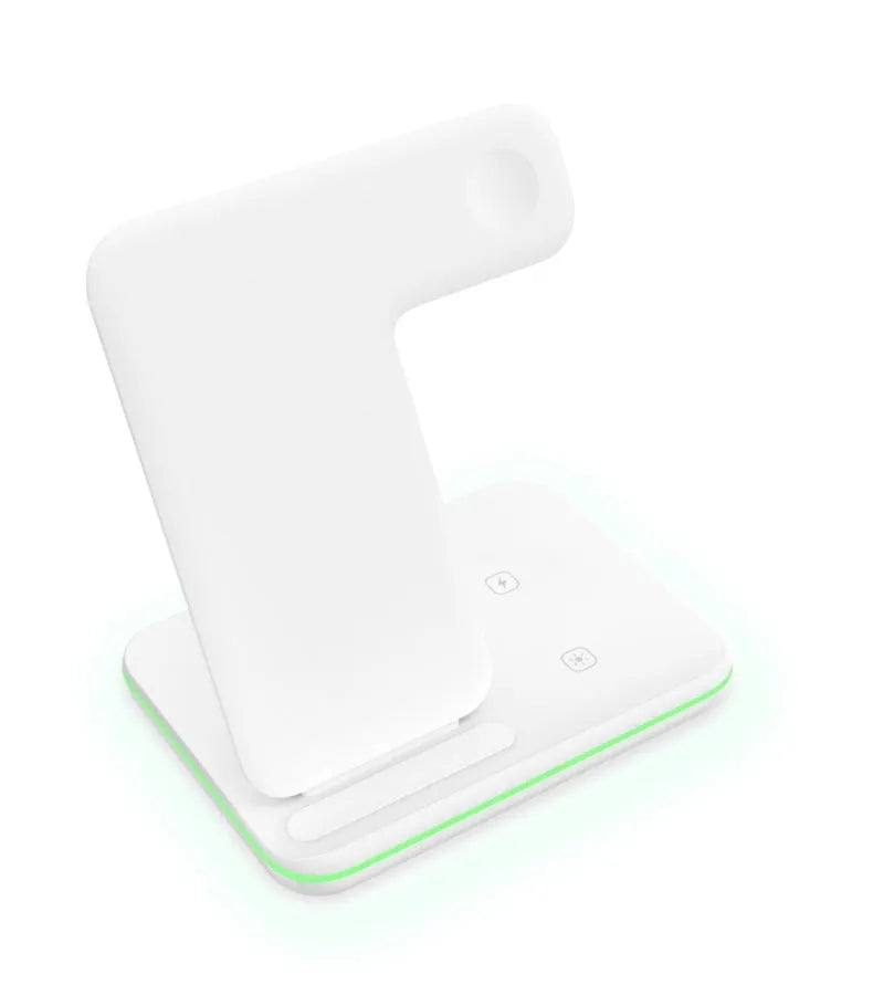 Three-in-one 15W wireless charging stand for mobile phone, smartwatch and earbuds in black
