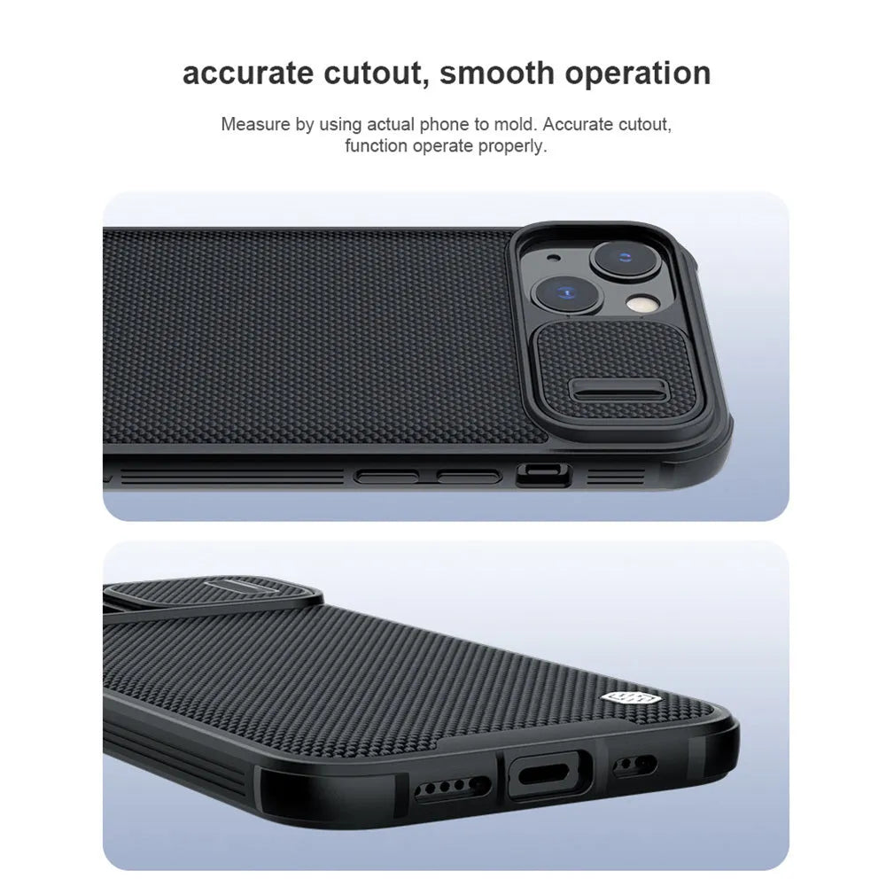 Black textured sliding protective phone case for iPhone 13 Pro Max on a table.