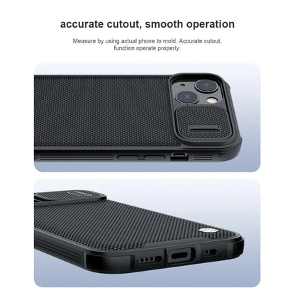 Black textured sliding protective phone case for iPhone 13 Pro Max on a table.