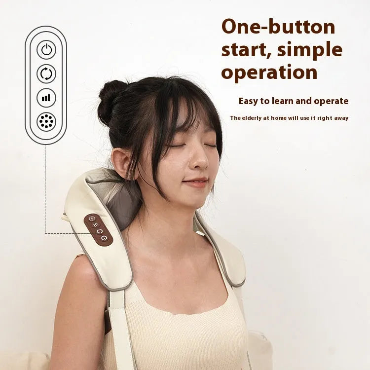 Blue foldable electric neck and back massager with rechargeable battery on a table.