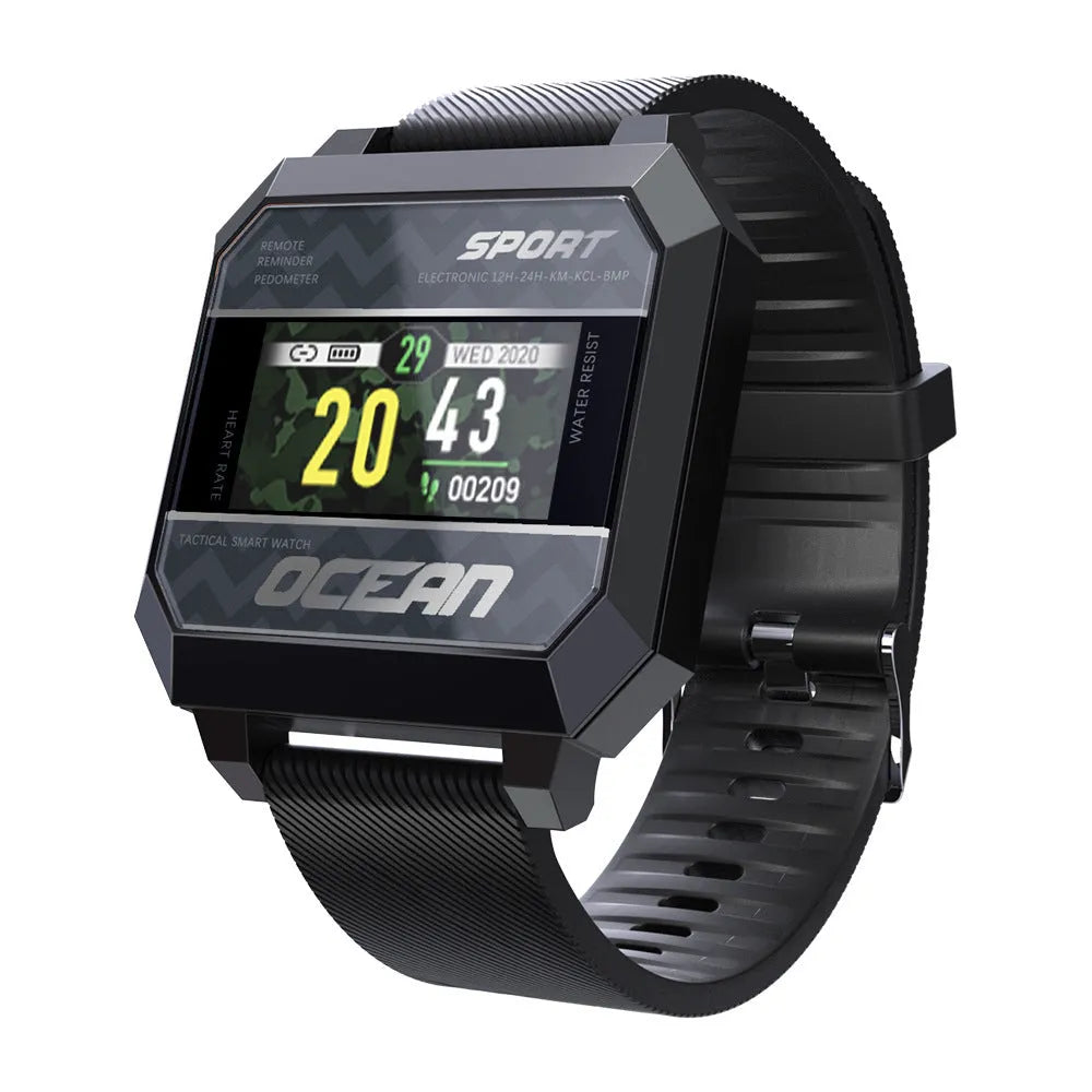 Smart sports watch with 0.96 inch touch screen, silicone strap, PC ABS case, available in black green orange