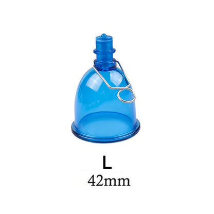 Blue silicone male physical stretch exerciser shown in three sizes: small, medium, and large.