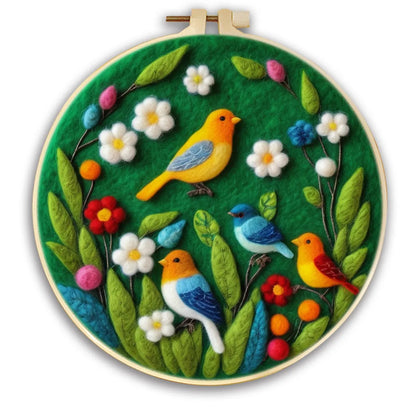 Round three-dimensional embroidery kit with linen fabric, wool felt pieces, and embroidery frame for 20x20 cm blanket painting