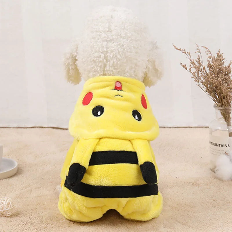 Grey fleece hooded coat on cat showing cartoon design and size fit