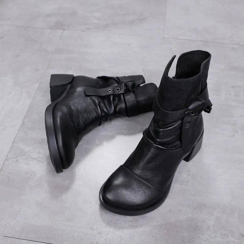 Women's black retro ankle boots with chunky heel and round toe made from genuine leather