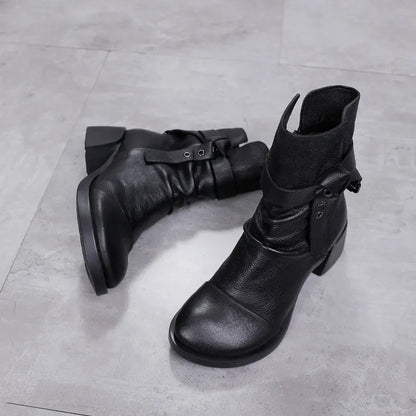 Women's black retro ankle boots with chunky heel and round toe made from genuine leather