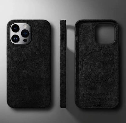 Alcantara suede magnetic phone case for Apple iPhone in black, showing frosted finish and anti-fall design.