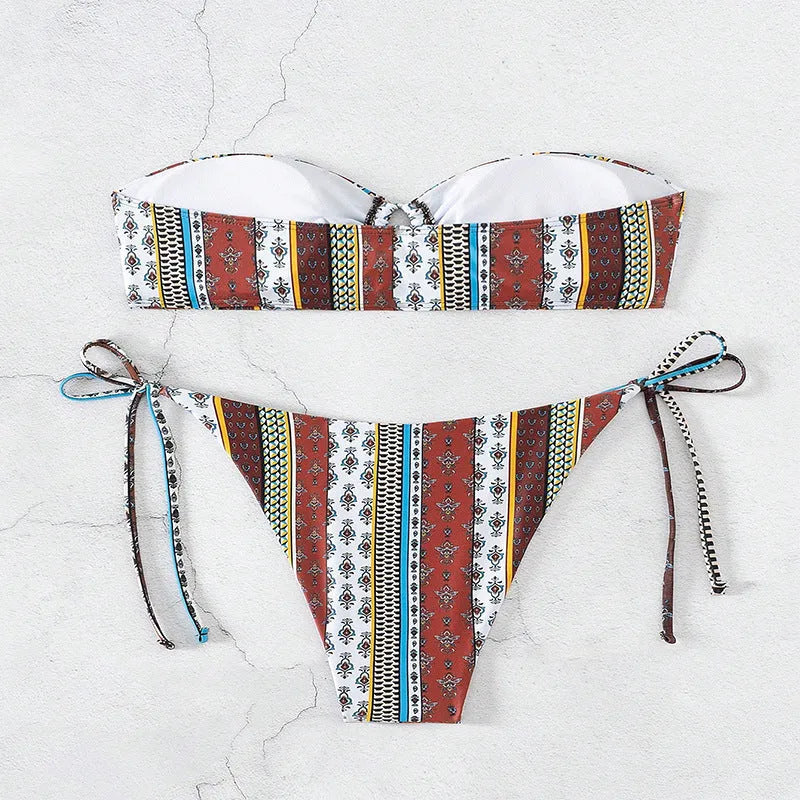 Women's mixed colour printed lace-up swimsuit with bra and pants set
