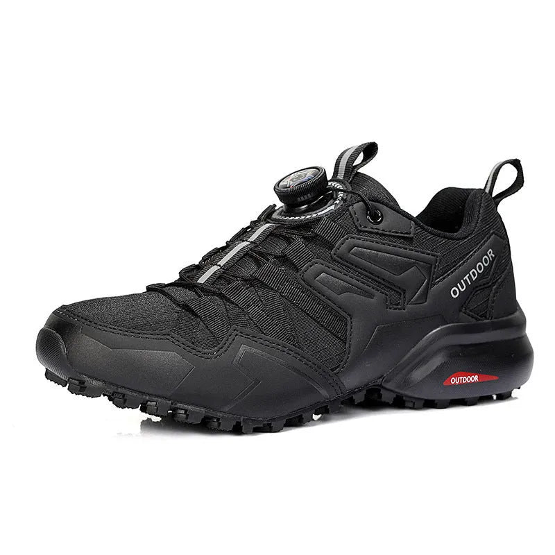 Men's elastic band hiking shoes in black with rubber outsole and synthetic leather upper