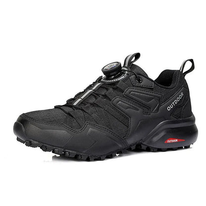 Men's elastic band hiking shoes in black with rubber outsole and synthetic leather upper