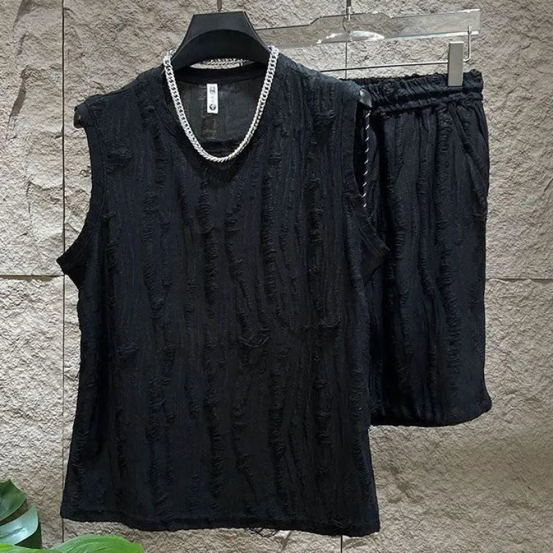 Men's black casual vest suit set with sleeveless top and mid-length trousers on a hanger