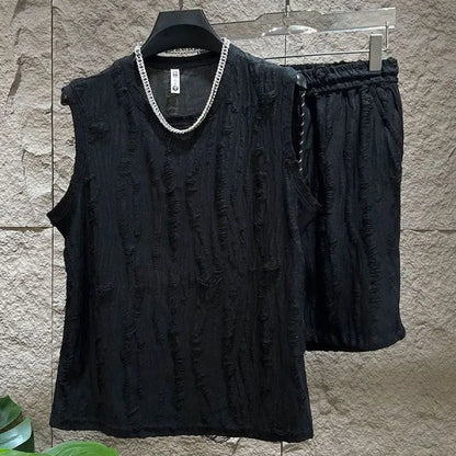 Men's black casual vest suit set with sleeveless top and mid-length trousers on a hanger