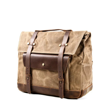 Camel Bag Knight cotton messenger bag in army green, showing main compartment, front flap, and internal document sleeve.
