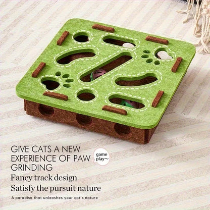 Interactive felt cat puzzle toy with maze tunnel, pathways, and bell ball, available in Circle or Square shape and four colours.
