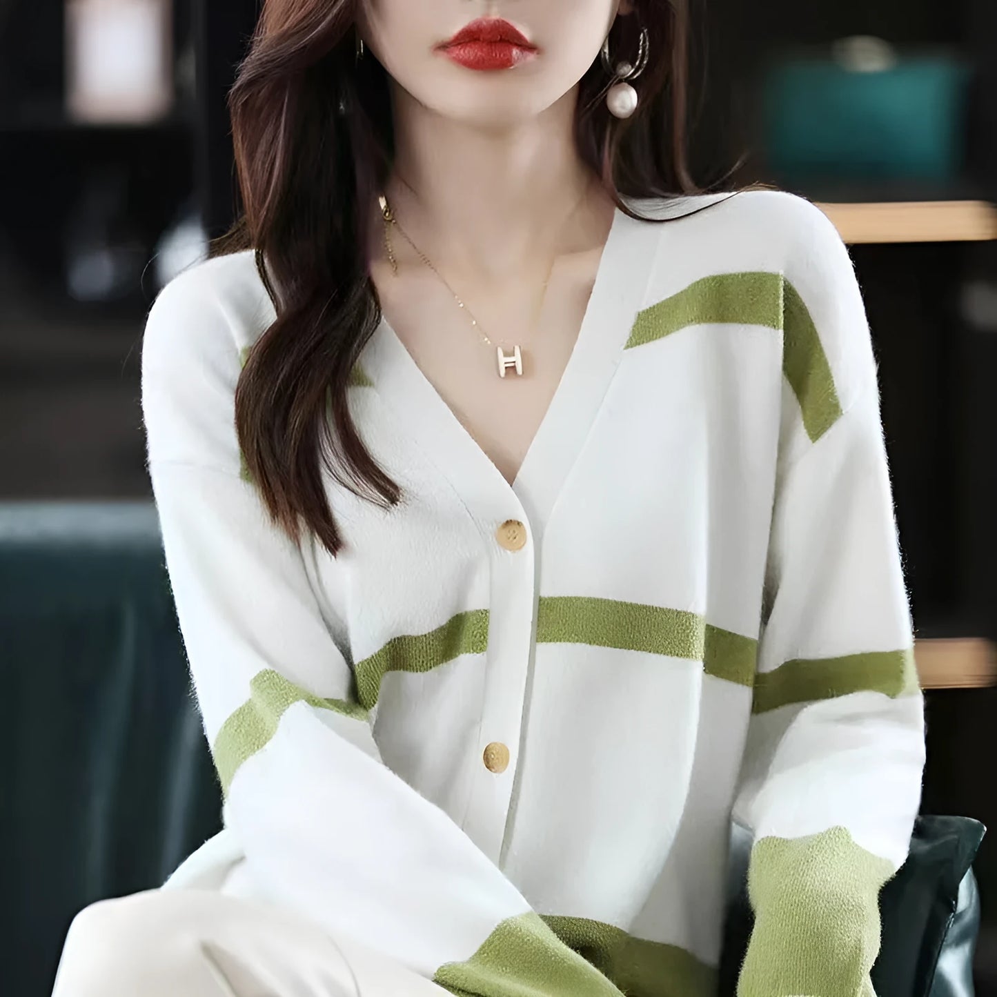 Women's black and white striped V-neck button cardigan with a 3D pattern and slim fit.